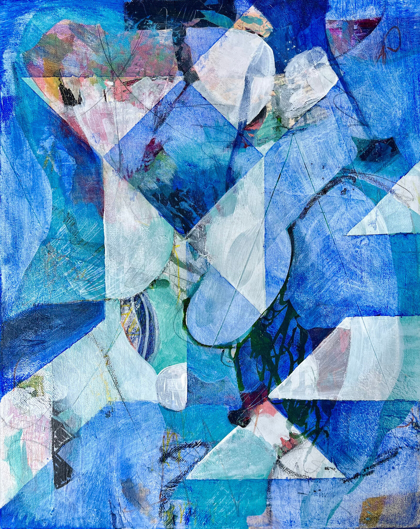 Blue abstract mixed-media painting with translucent geometric forms