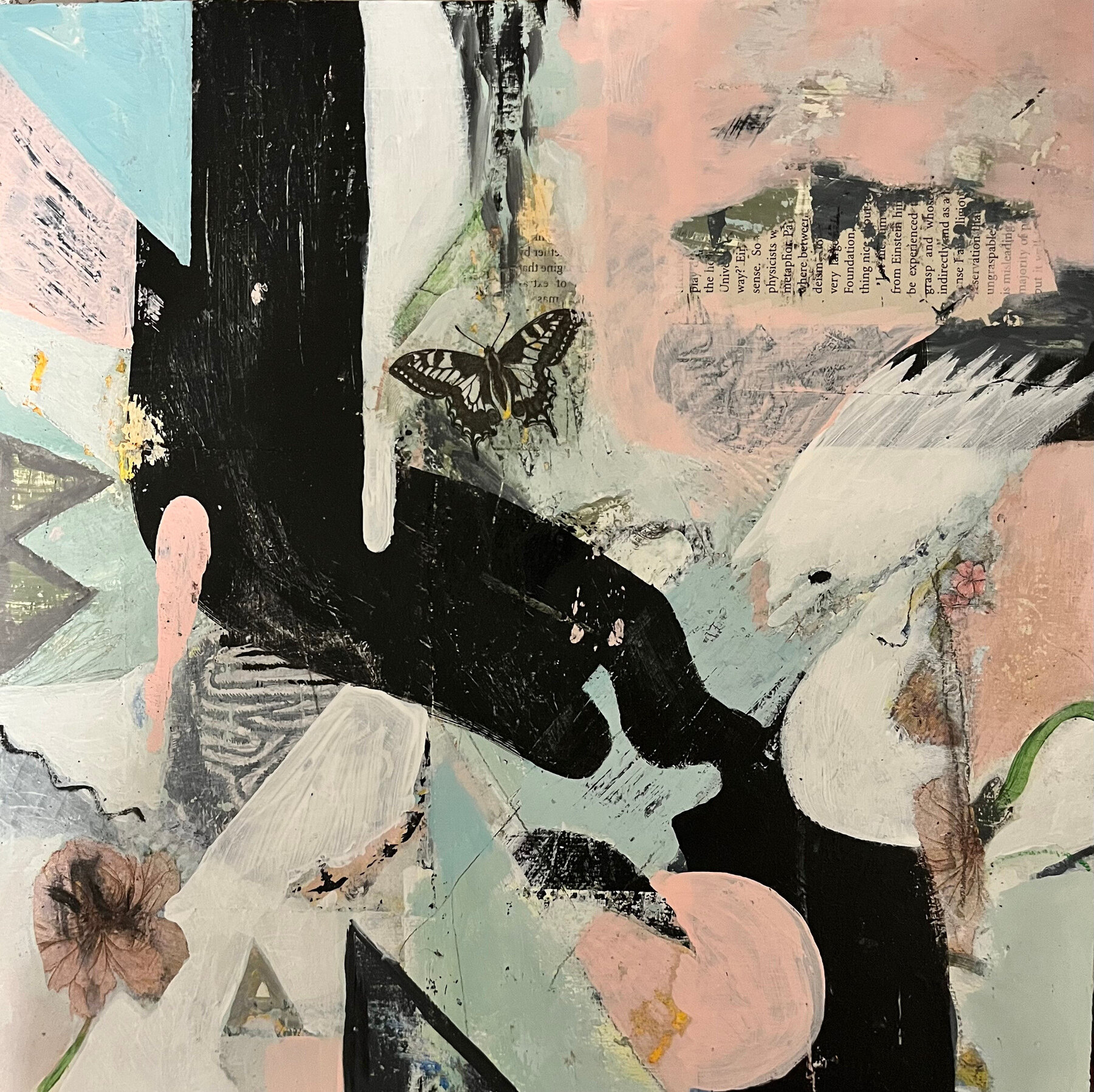 Abstract collage painting in black, pink and pale mint with a butterfly