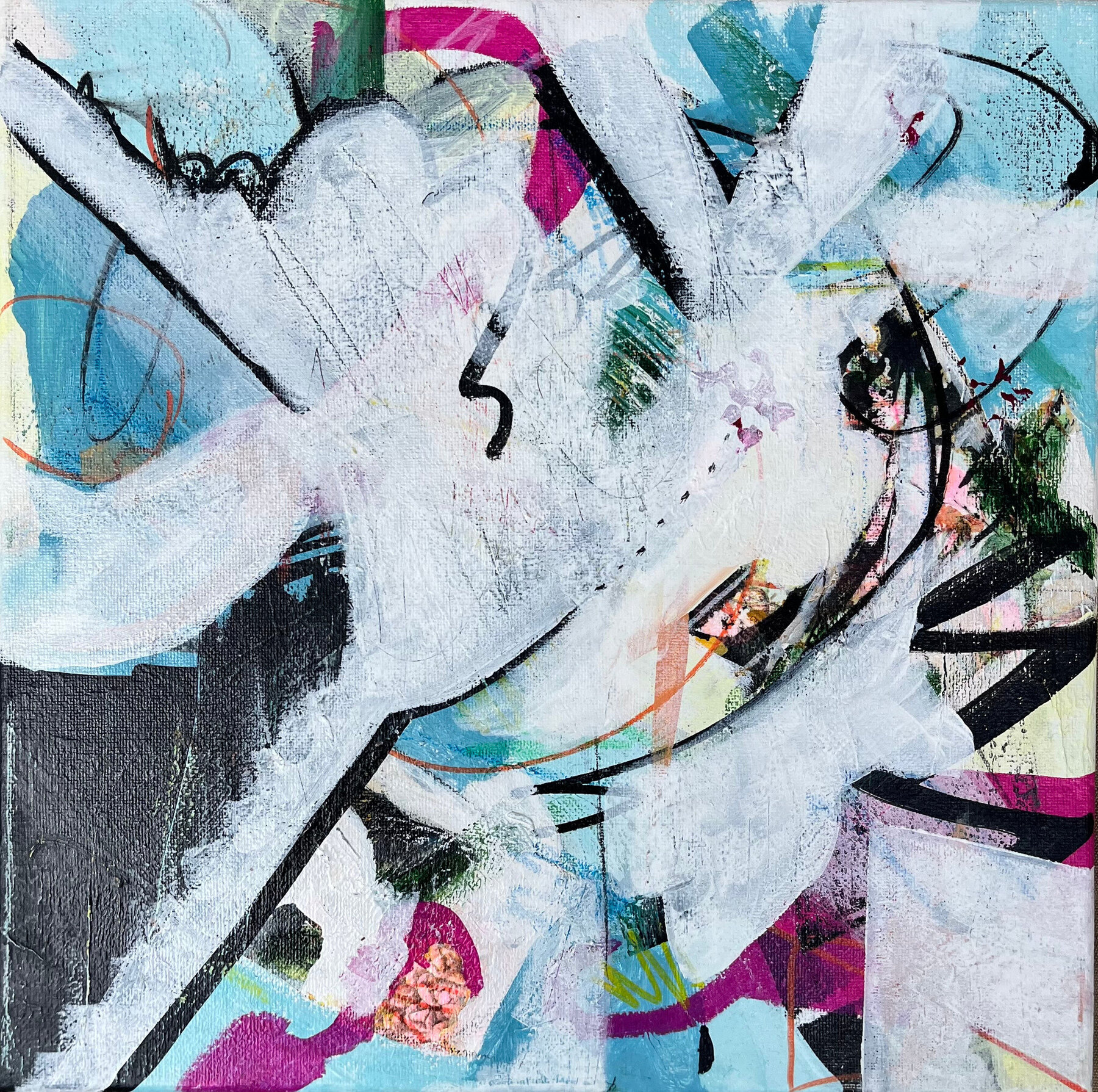 Pale abstract painting with bold black linework and magenta accents